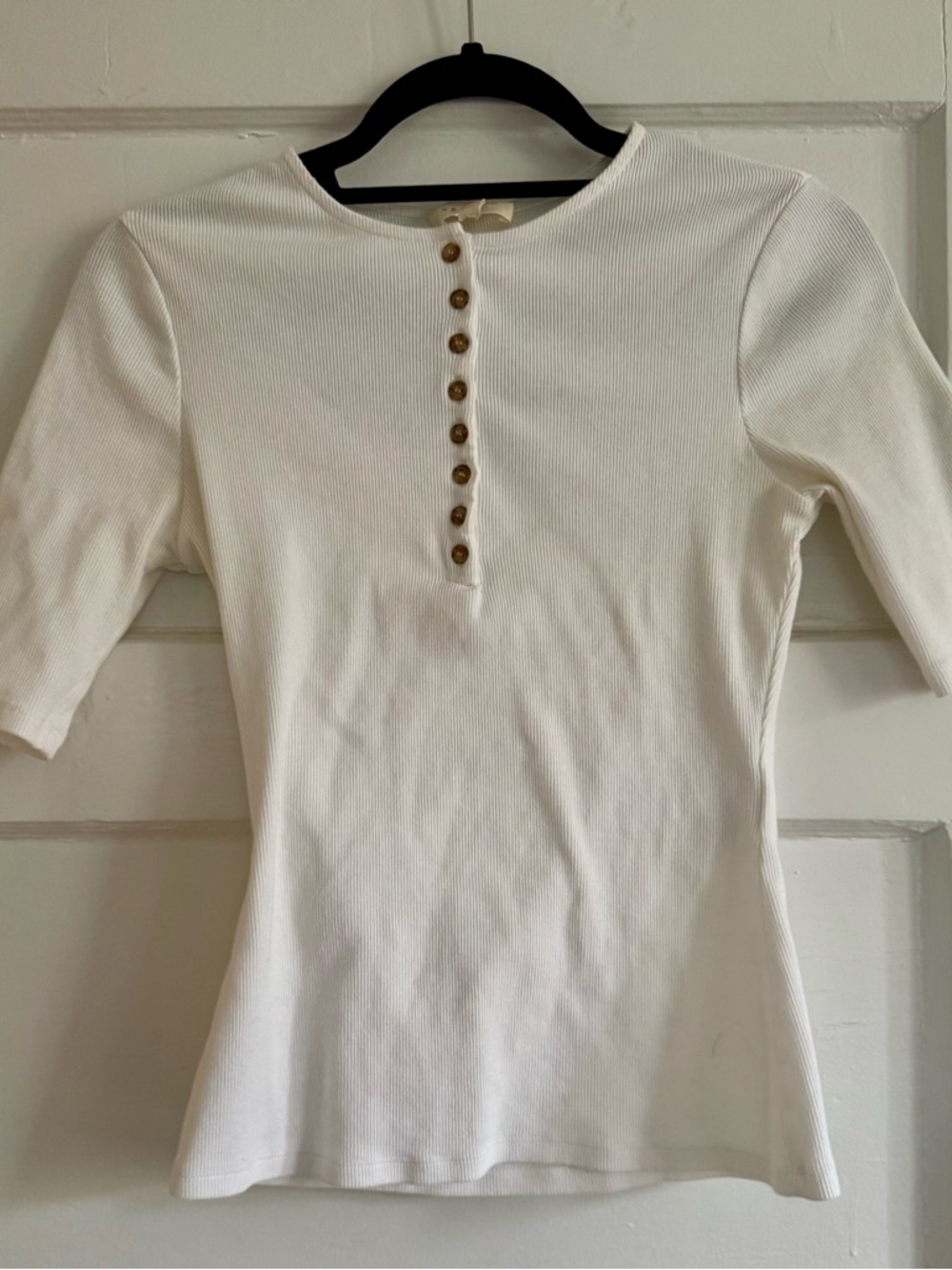 Sezane White Ribbed Henley Short Sleeve Top - Picture 4 of 7